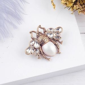 Pearl Rhinestone Antique Gold Bee Brooch
